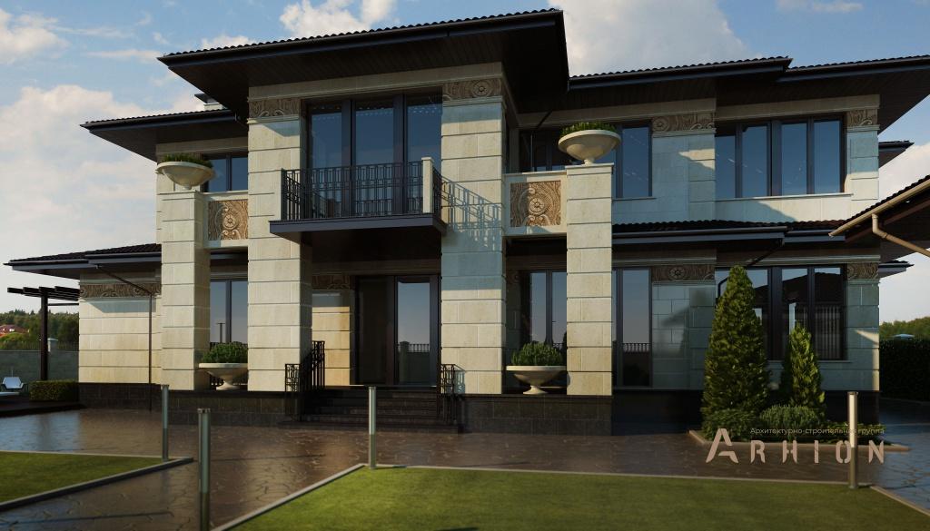 4. Проект двухэтажного дома в стиле Ллойда Райта (прерий) с четырехскатной, SOV-16, площадью - 371 кв c сауной, балконом, вторым светом